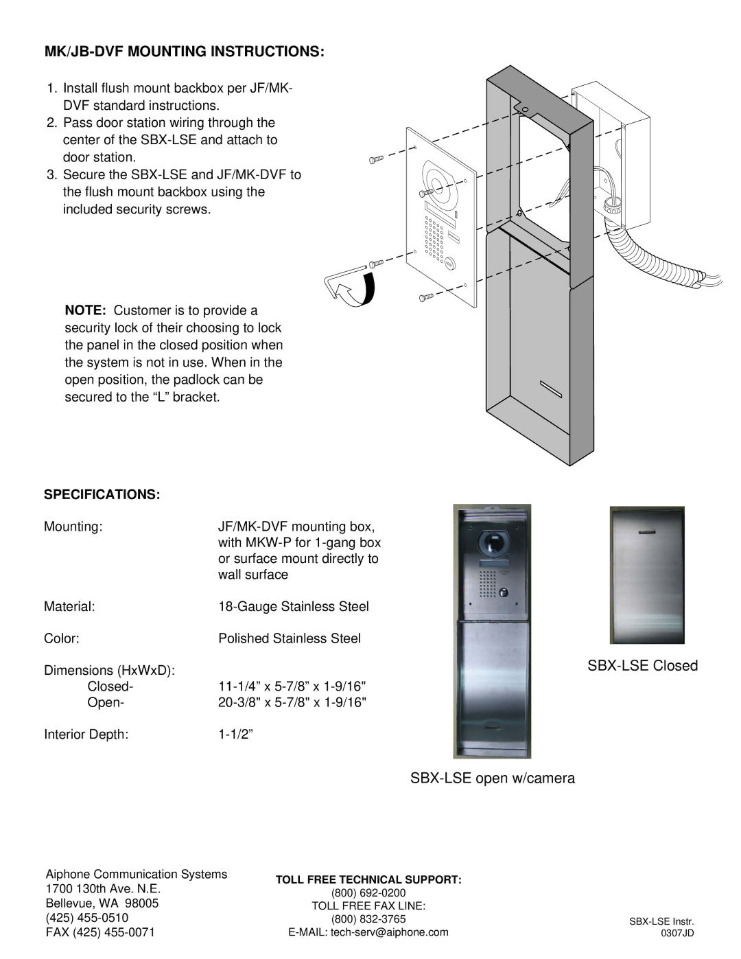 Aiphone manual MK/JB-DVF Mounting Instructions, SBX-LSE Closed, SBX-LSE open w/camera, Specifications 