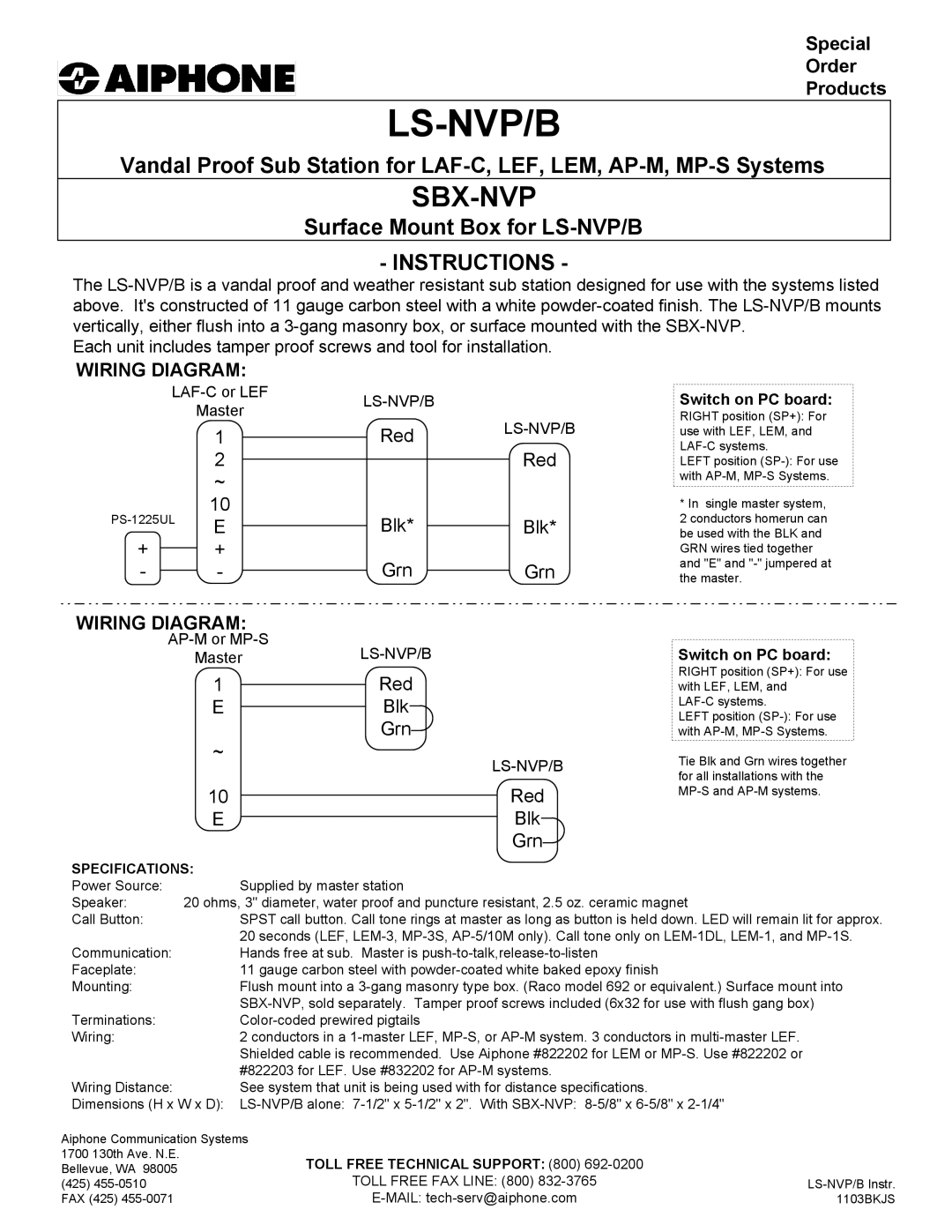 Aiphone SBX-NVP specifications Ls-Nvp/B, Sbx-Nvp, Instructions, Switch on PC board 