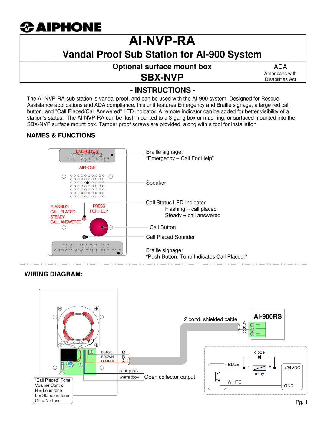 Aiphone SBX-NVP manual Sbx-Nvp, Instructions, Names & Functions, Wiring Diagram 