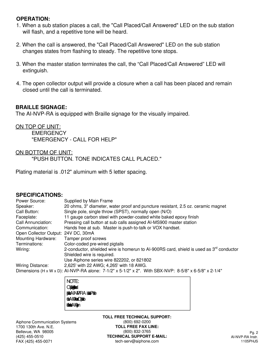 Aiphone SBX-NVP manual Operation, Braille Signage, Specifications 