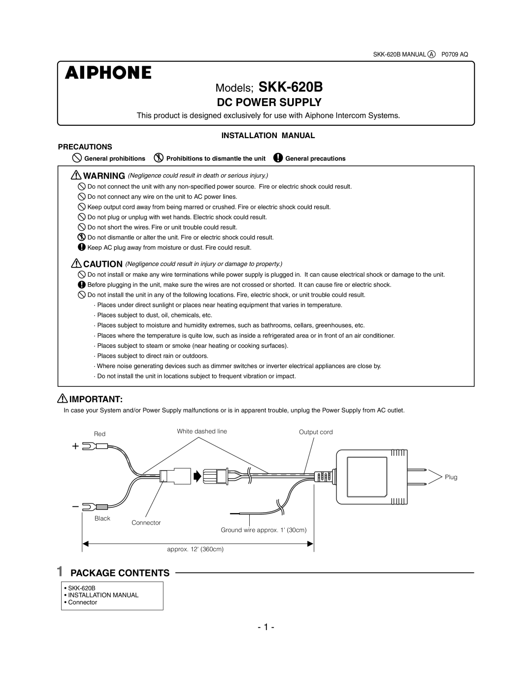 Aiphone SKK-620B installation manual DC Power Supply, Package Contents, Installation Manual Precautions 