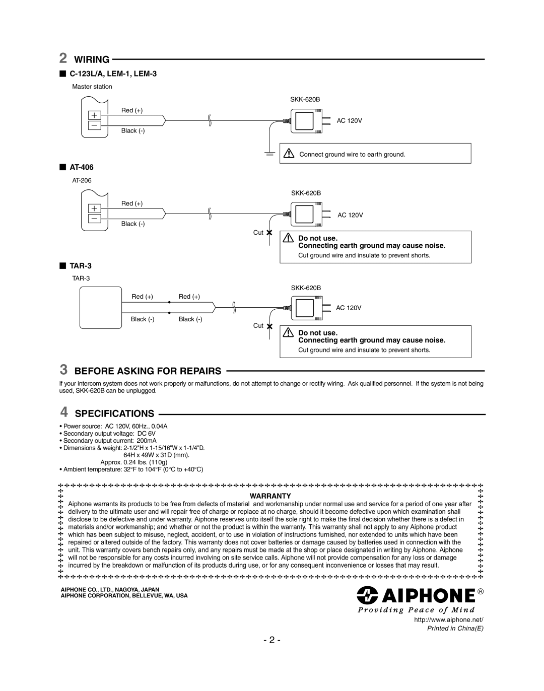 Aiphone SKK-620B installation manual Wiring, Before Asking for Repairs, Specifications 