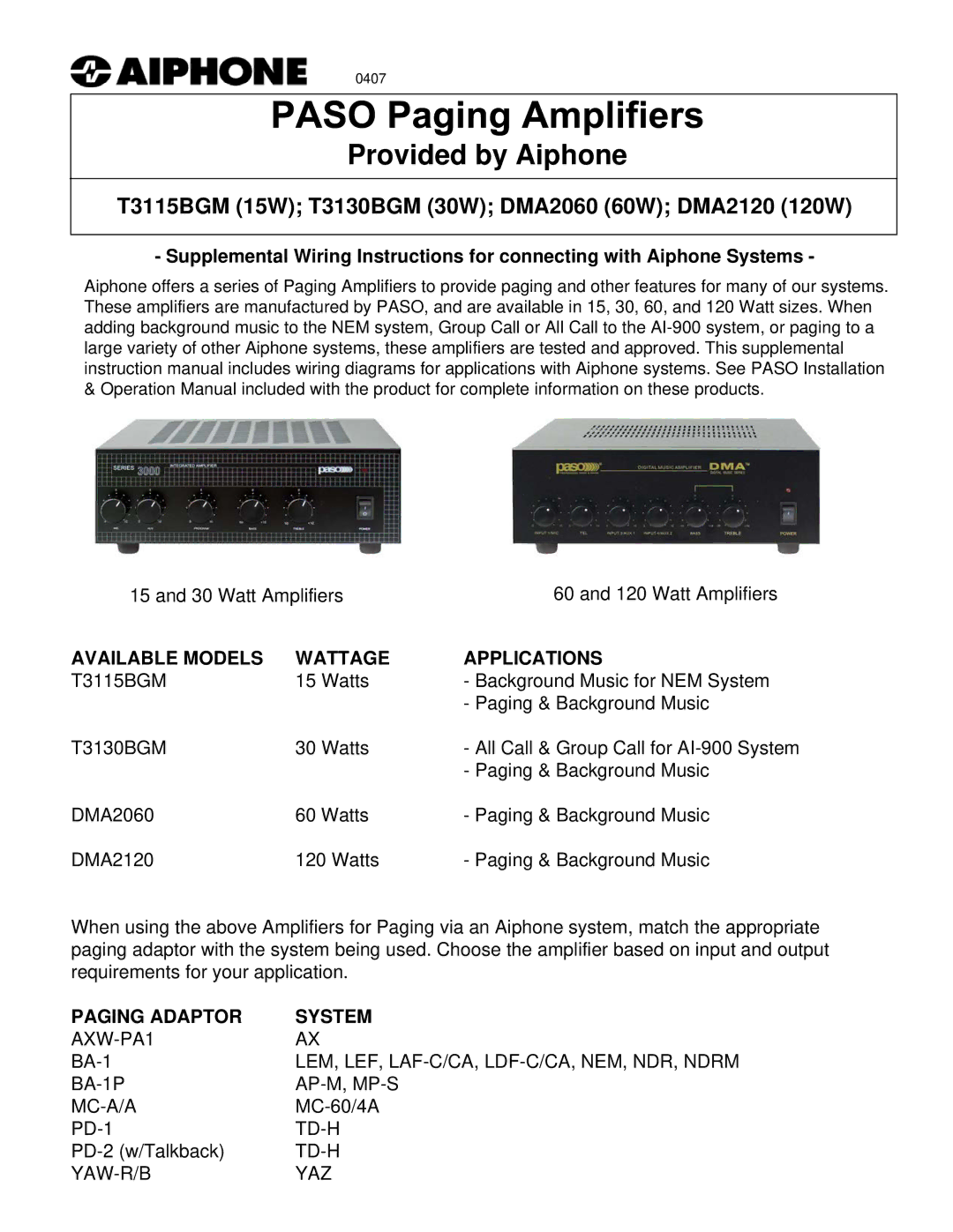 Aiphone T3115BGM (15W) instruction manual Available Models Wattage Applications, Paging Adaptor System 