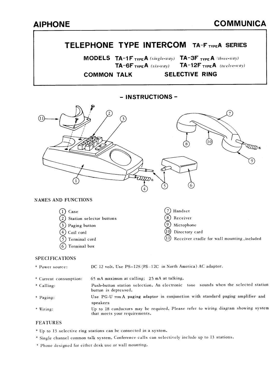 Aiphone TA-1F, TA-6F, TA-3F, TA-12F manual 