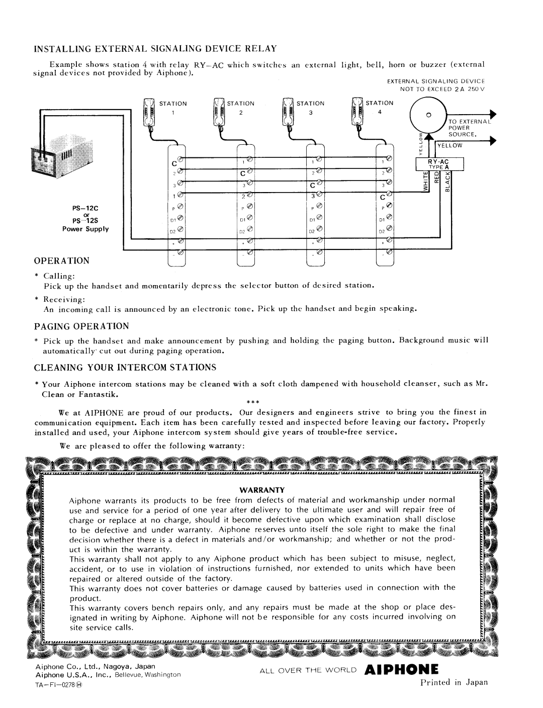 Aiphone TA-6F, TA-1F, TA-3F, TA-12F manual 