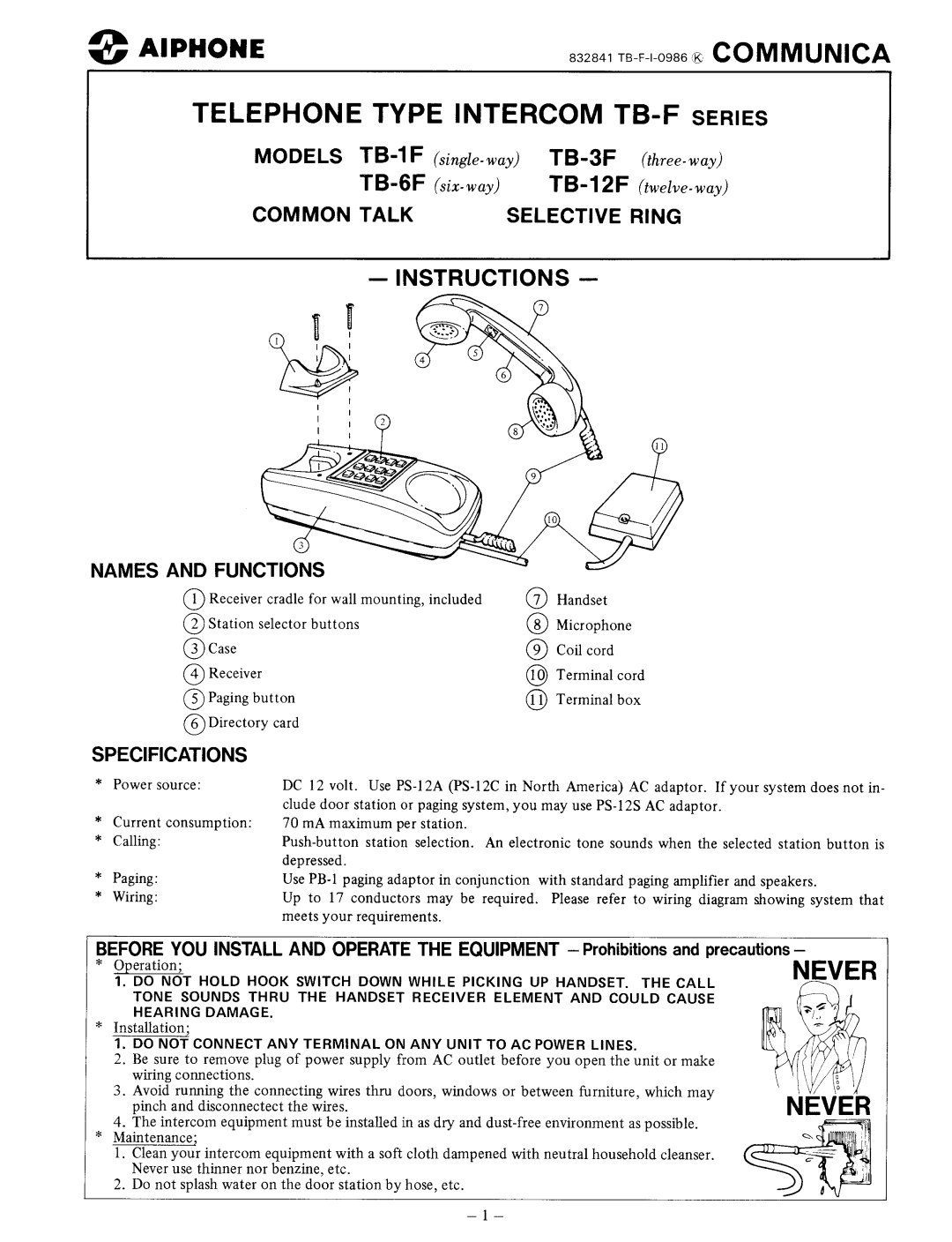 Aiphone TB-1F manual 