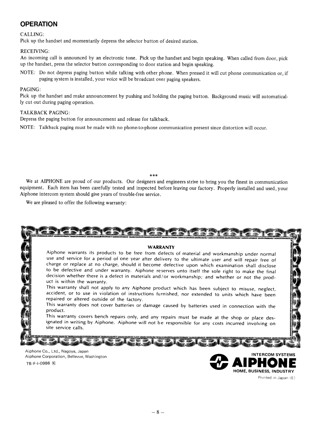 Aiphone TB-1F manual 