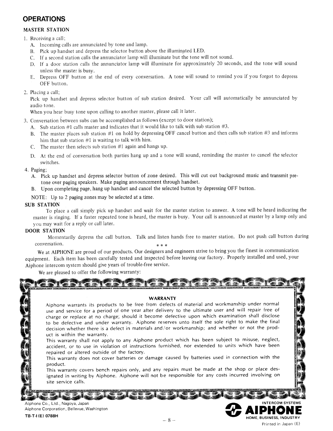 Aiphone TB-20T manual 