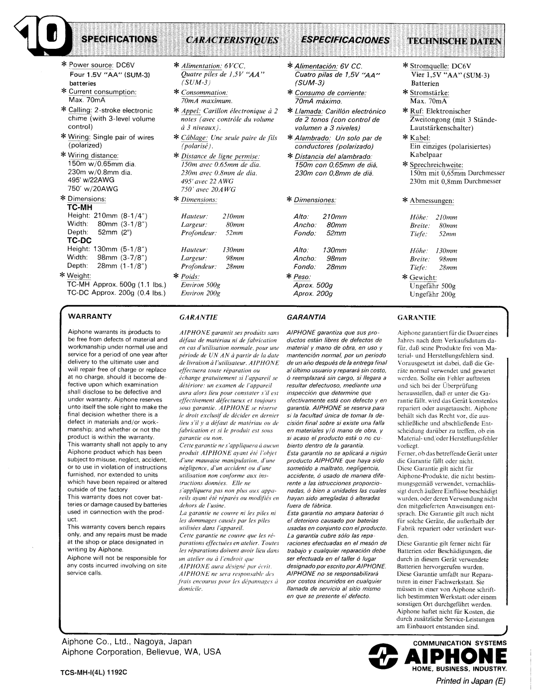 Aiphone TCS-MH manual 