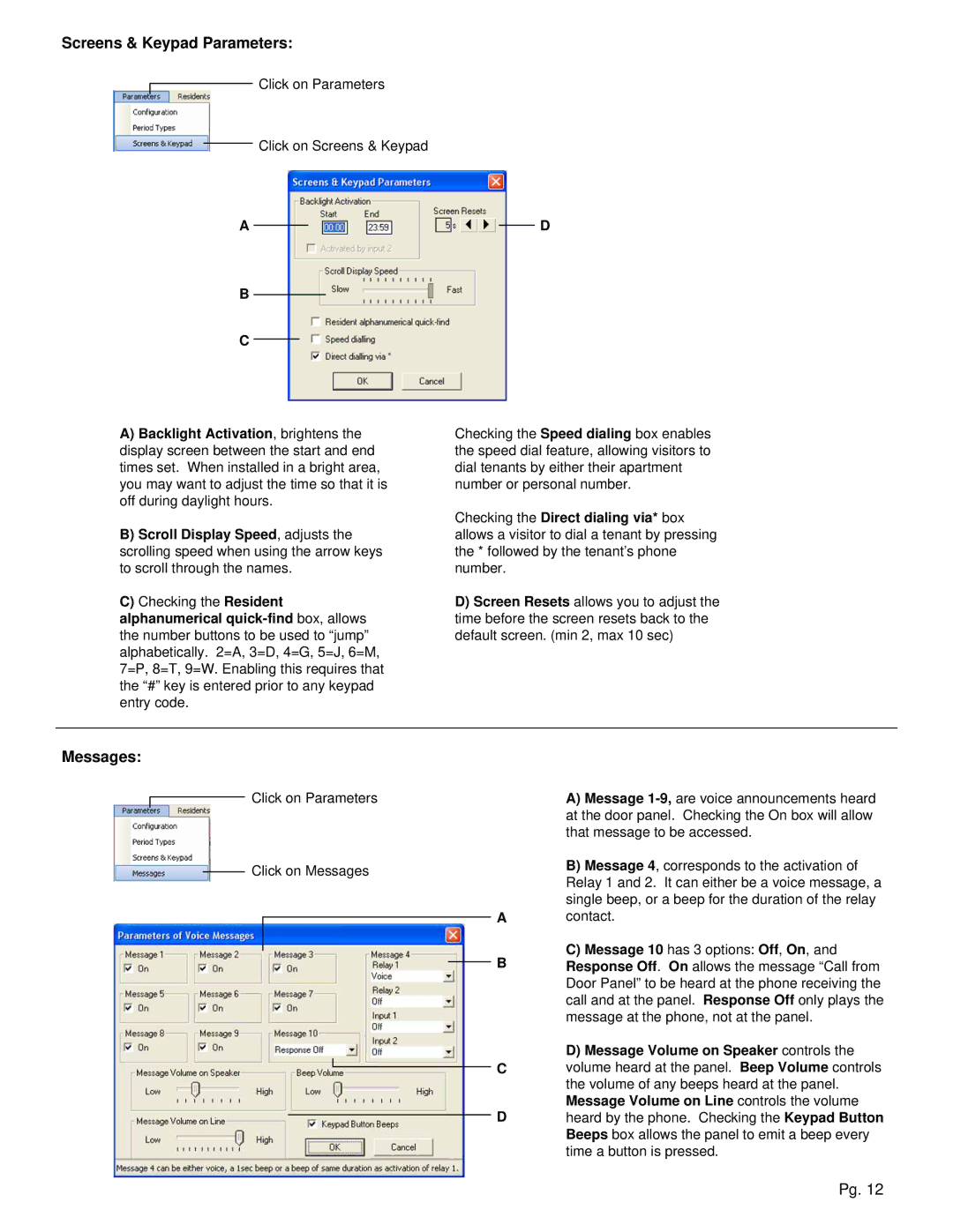 Aiphone TL-2000 operation manual Screens & Keypad Parameters, Messages, Message Volume on Speaker controls 