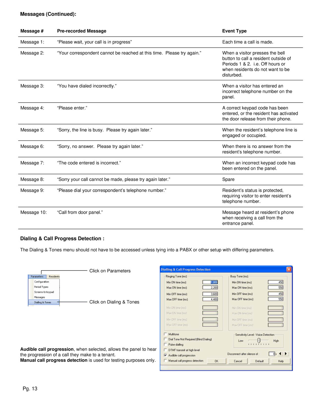 Aiphone TL-2000 operation manual Dialing & Call Progress Detection, Message # Pre-recorded Message Event Type 