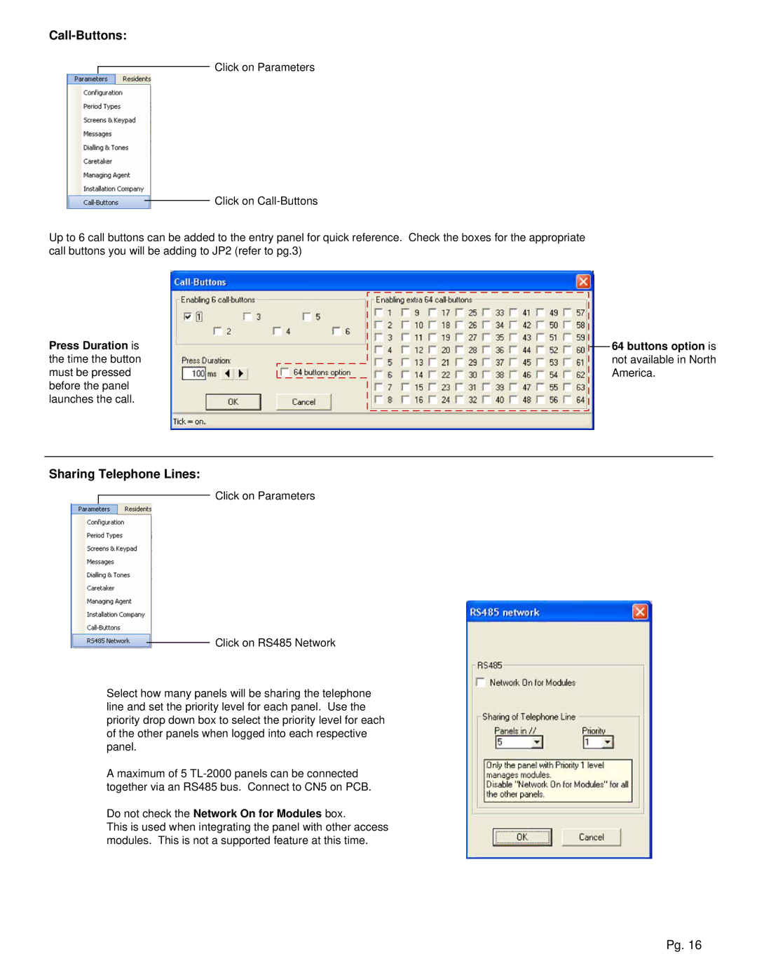 Aiphone TL-2000 operation manual Call-Buttons, Sharing Telephone Lines, Do not check the Network On for Modules box 