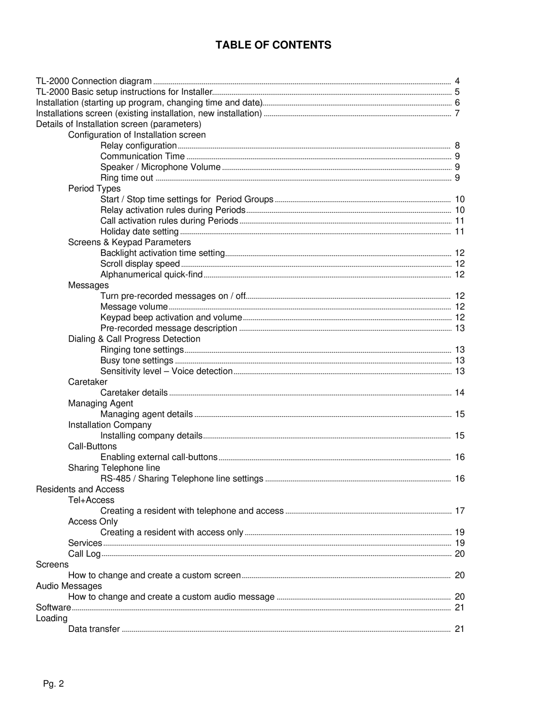 Aiphone TL-2000 operation manual Table of Contents 