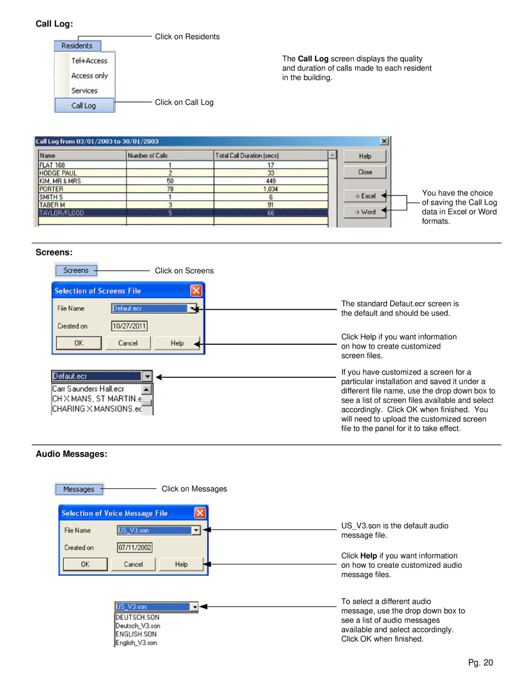 Aiphone TL-2000 operation manual Call Log, Screens, Audio Messages 