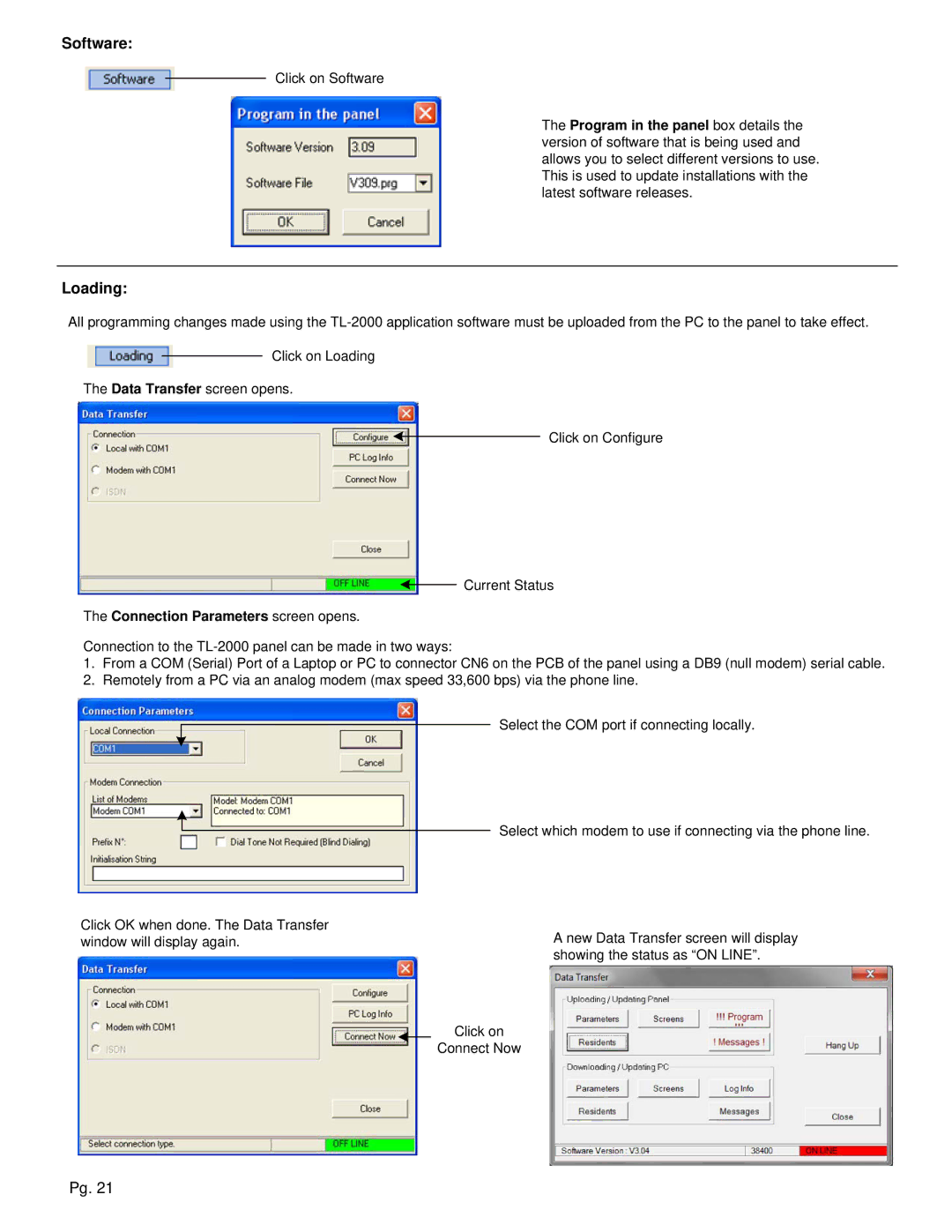 Aiphone TL-2000 operation manual Software, Loading, Connection Parameters screen opens 