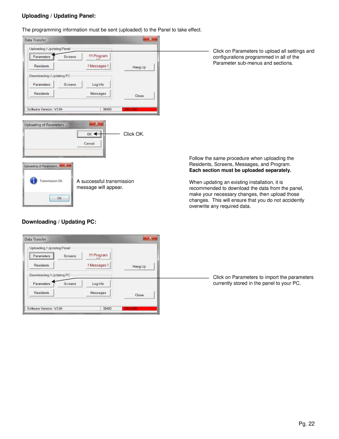 Aiphone TL-2000 Uploading / Updating Panel, Downloading / Updating PC, Each section must be uploaded separately 