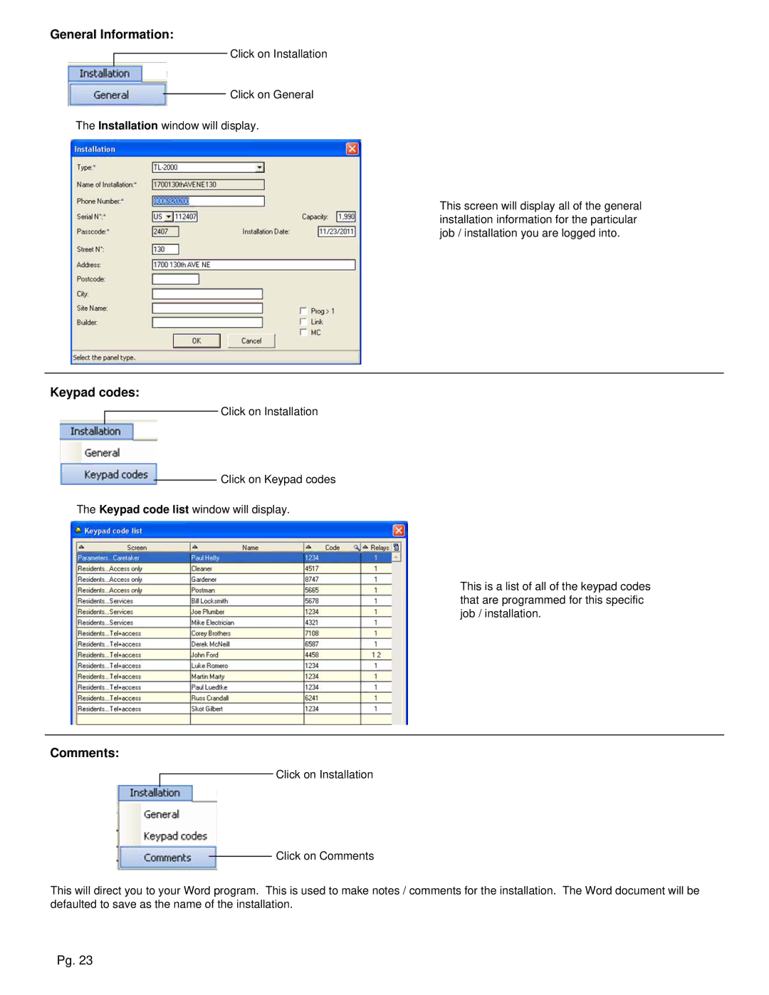 Aiphone TL-2000 operation manual General Information, Keypad codes, Comments 