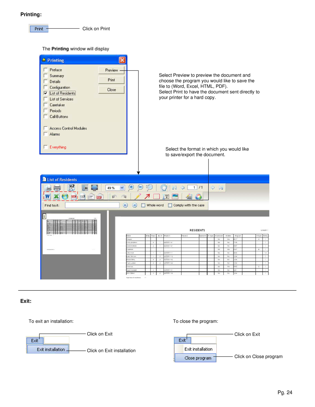 Aiphone TL-2000 operation manual Printing, Exit 