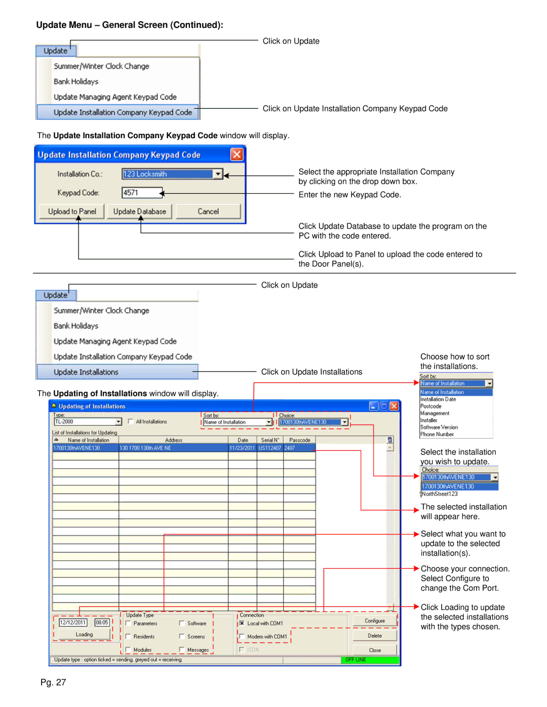 Aiphone TL-2000 Update Installation Company Keypad Code window will display, Updating of Installations window will display 