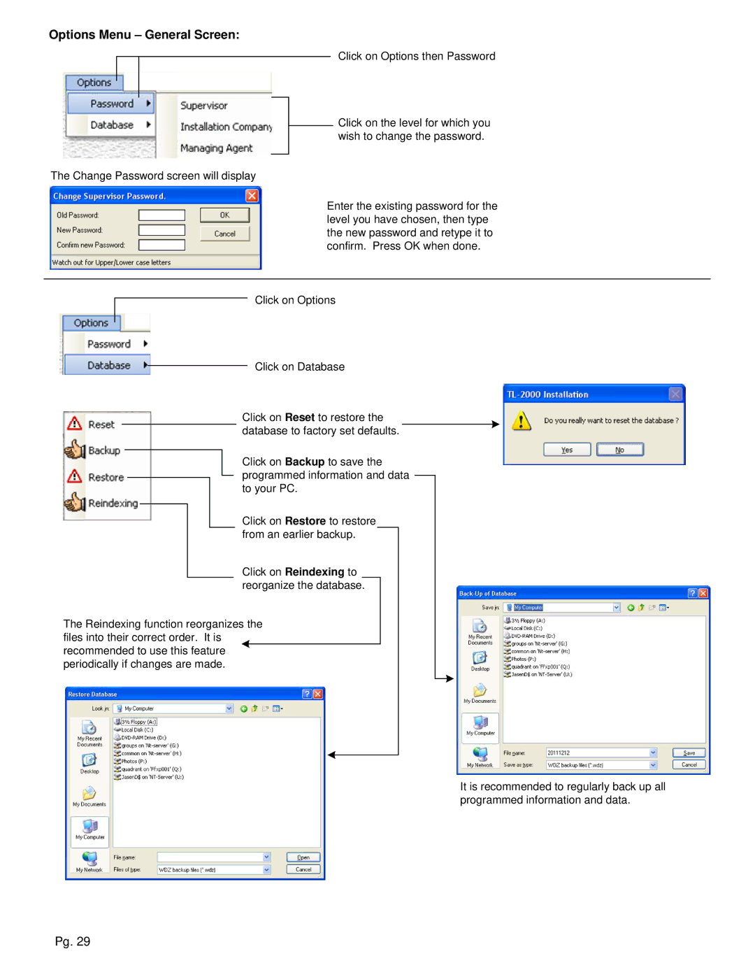 Aiphone TL-2000 operation manual Options Menu General Screen 