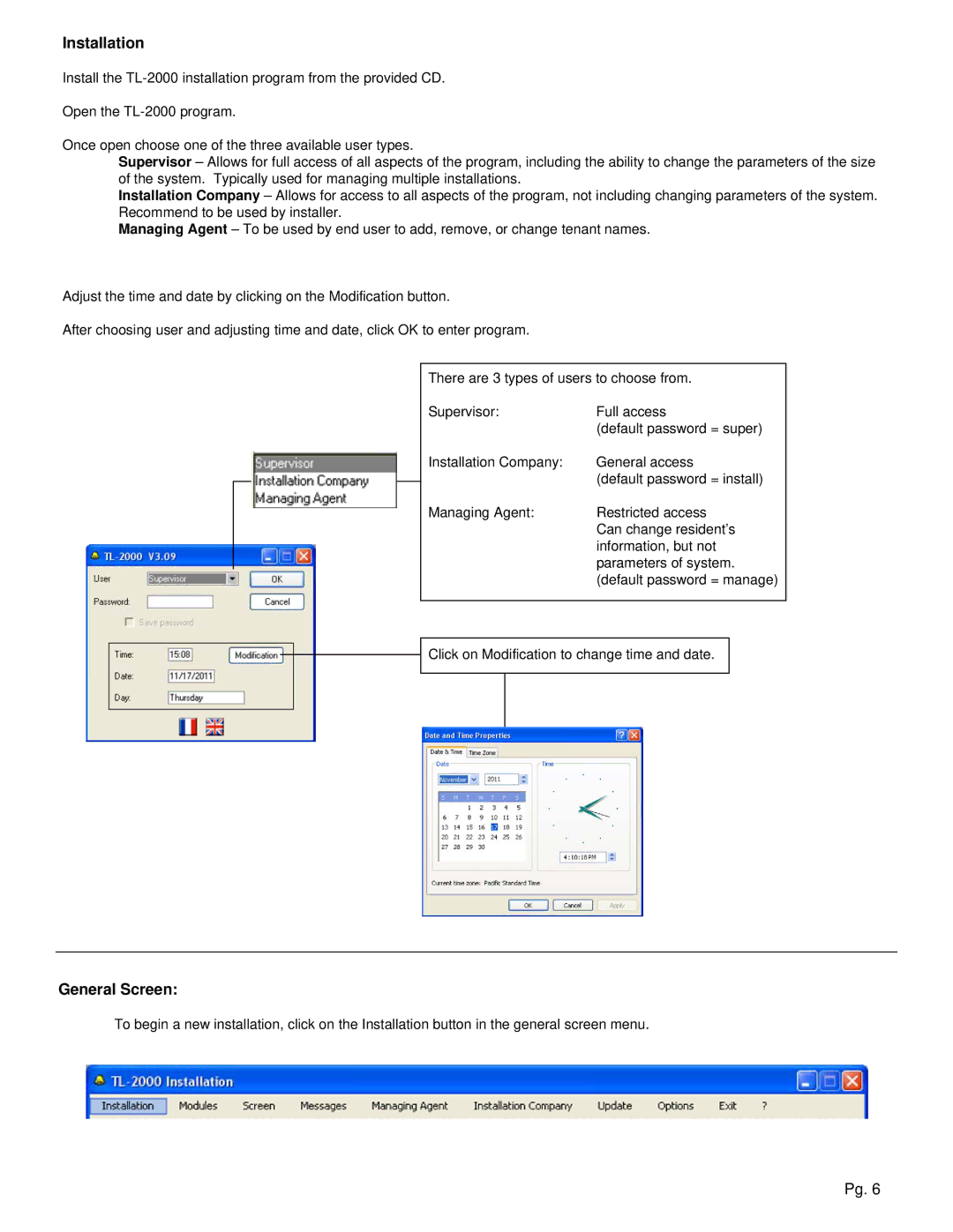 Aiphone TL-2000 operation manual Installation, General Screen 