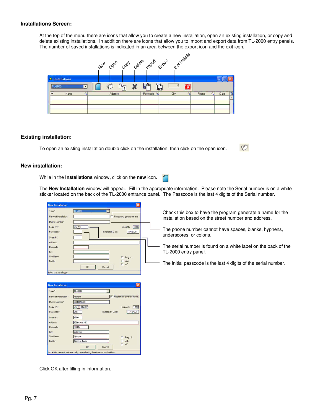 Aiphone TL-2000 operation manual Installations Screen, Existing installation, New installation 