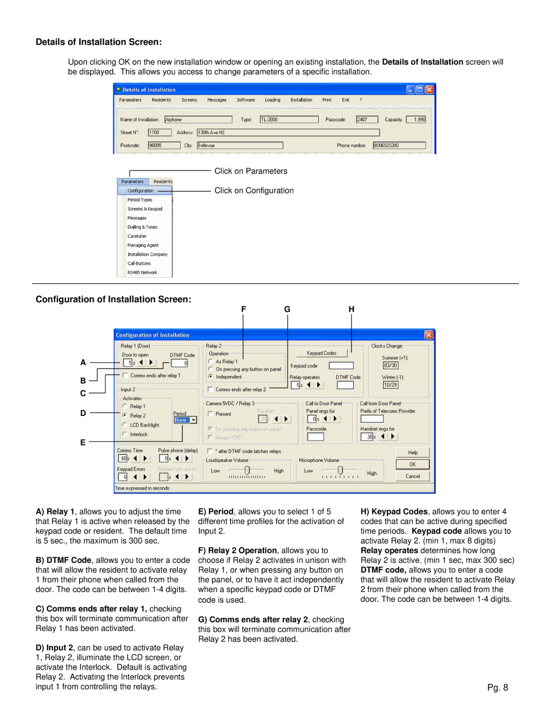 Aiphone TL-2000 Details of Installation Screen, Configuration of Installation Screen, Comms ends after relay 1, checking 