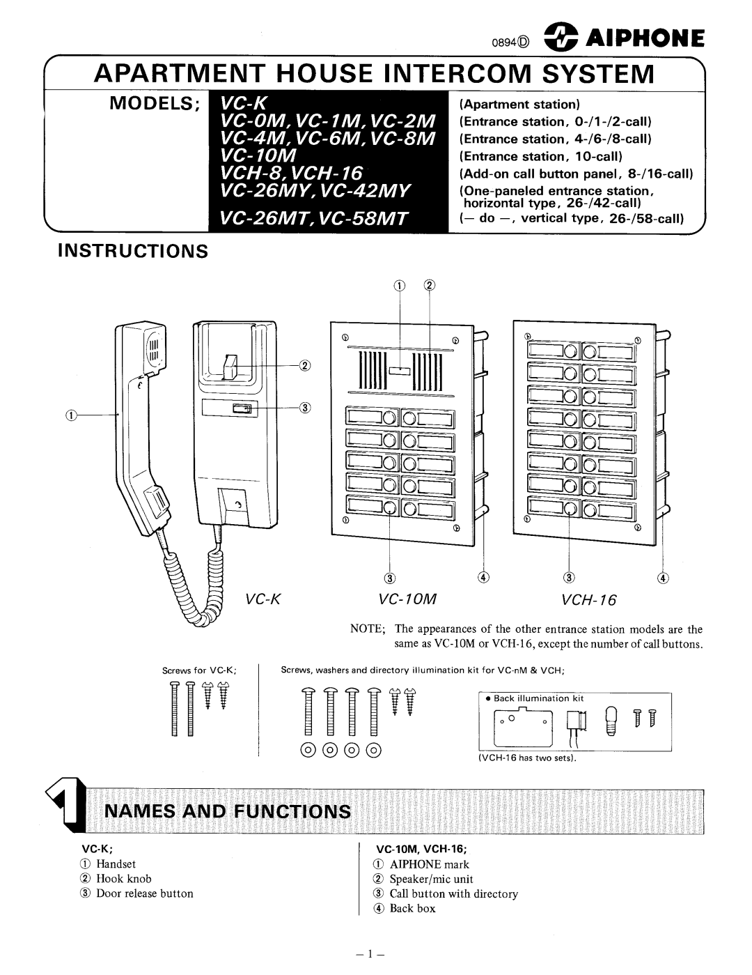 Aiphone VCH-8, VC-K, VCH-16, VC-58MT, VC-26MT manual 