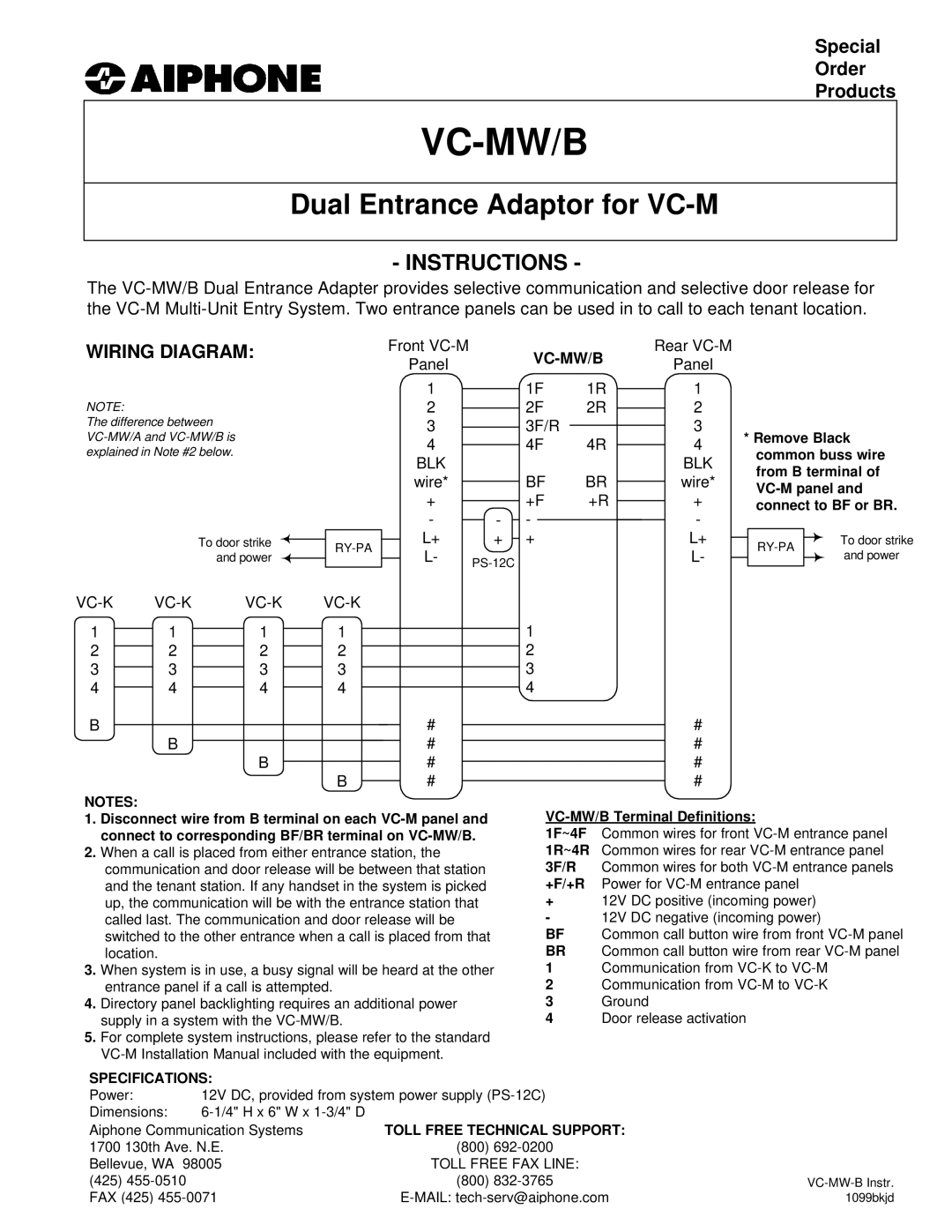 Aiphone VC-M installation manual Specifications, Toll Free Technical Support 