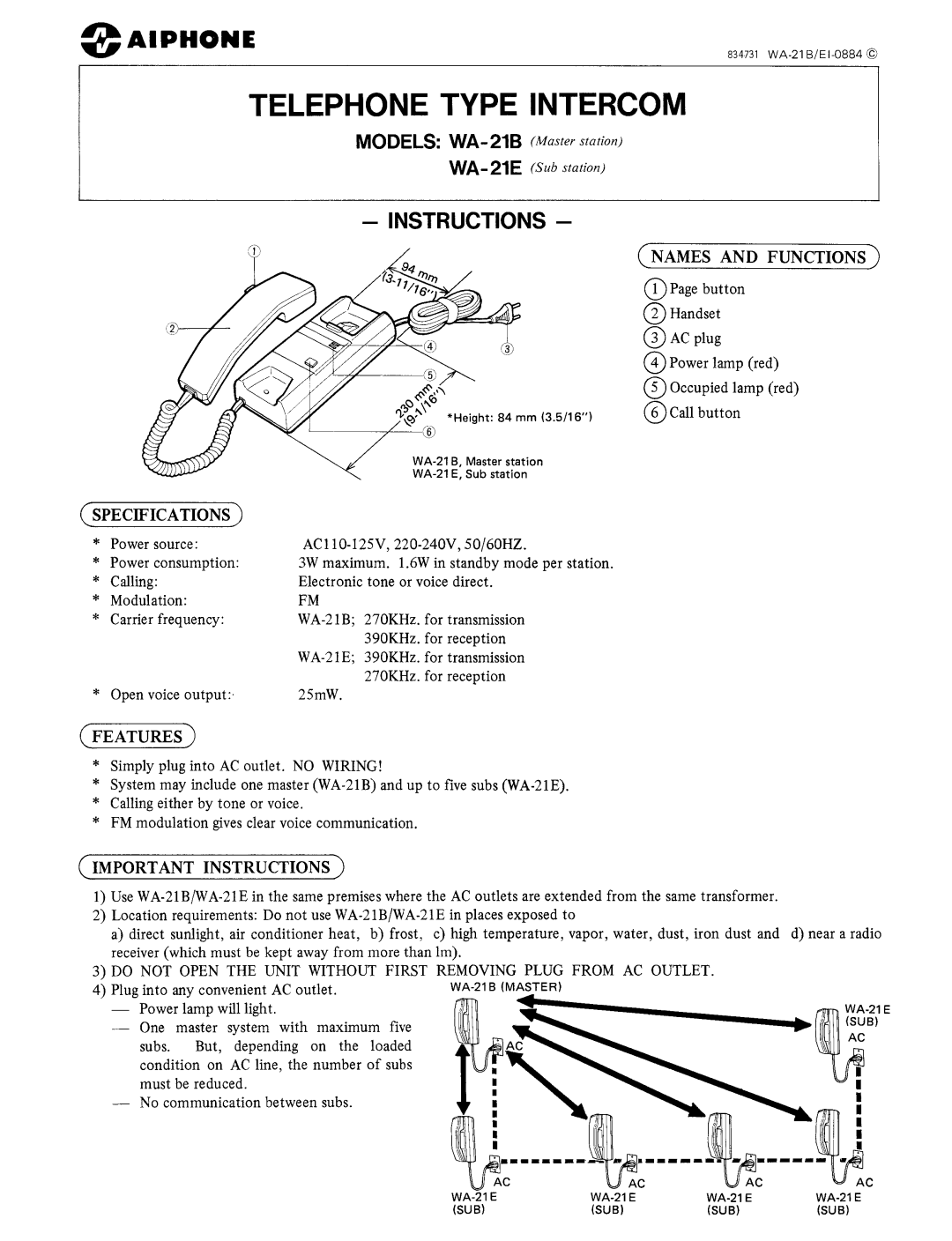 Aiphone WA-21E, WA-21B manual 