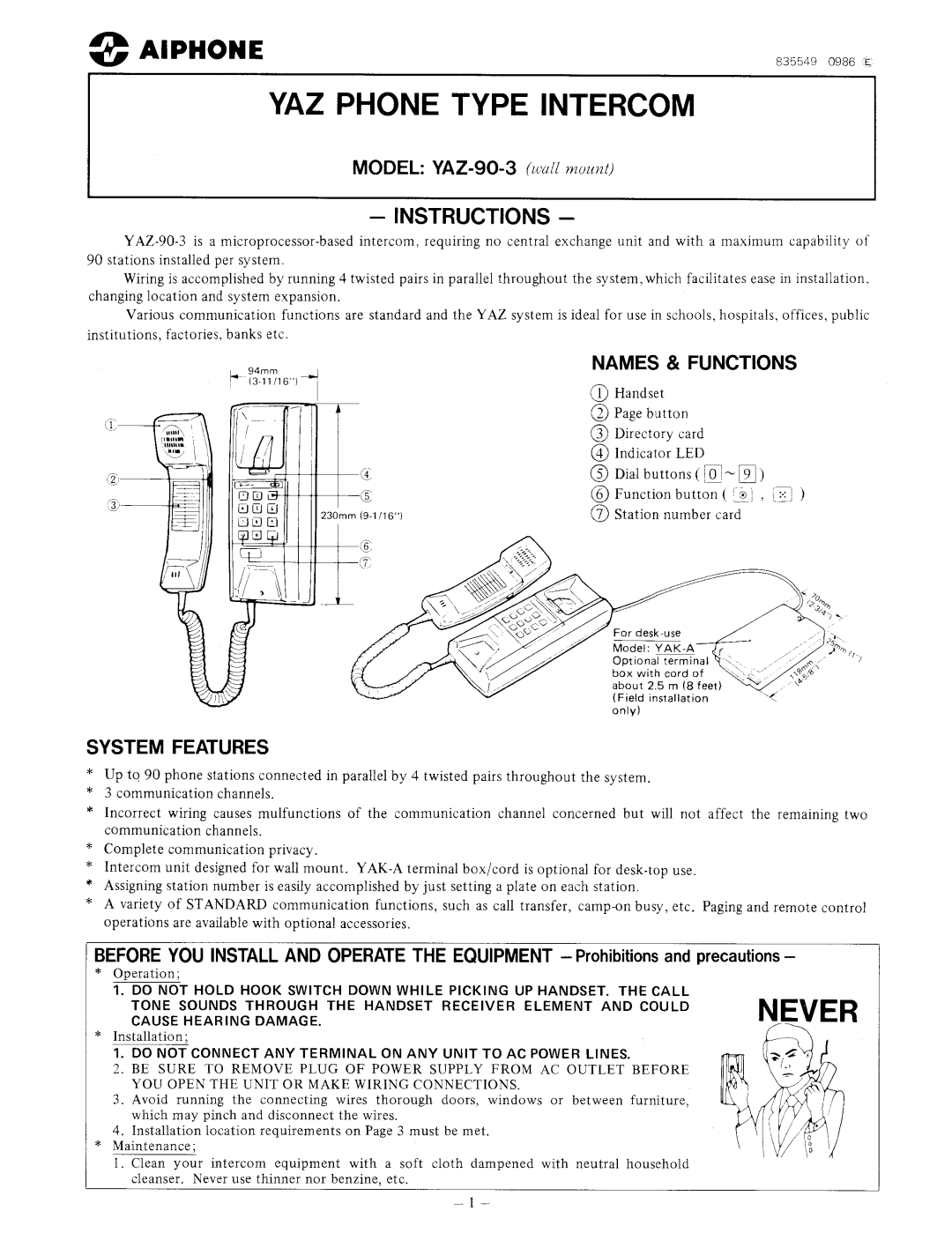 Aiphone YAZ-90-3 manual 