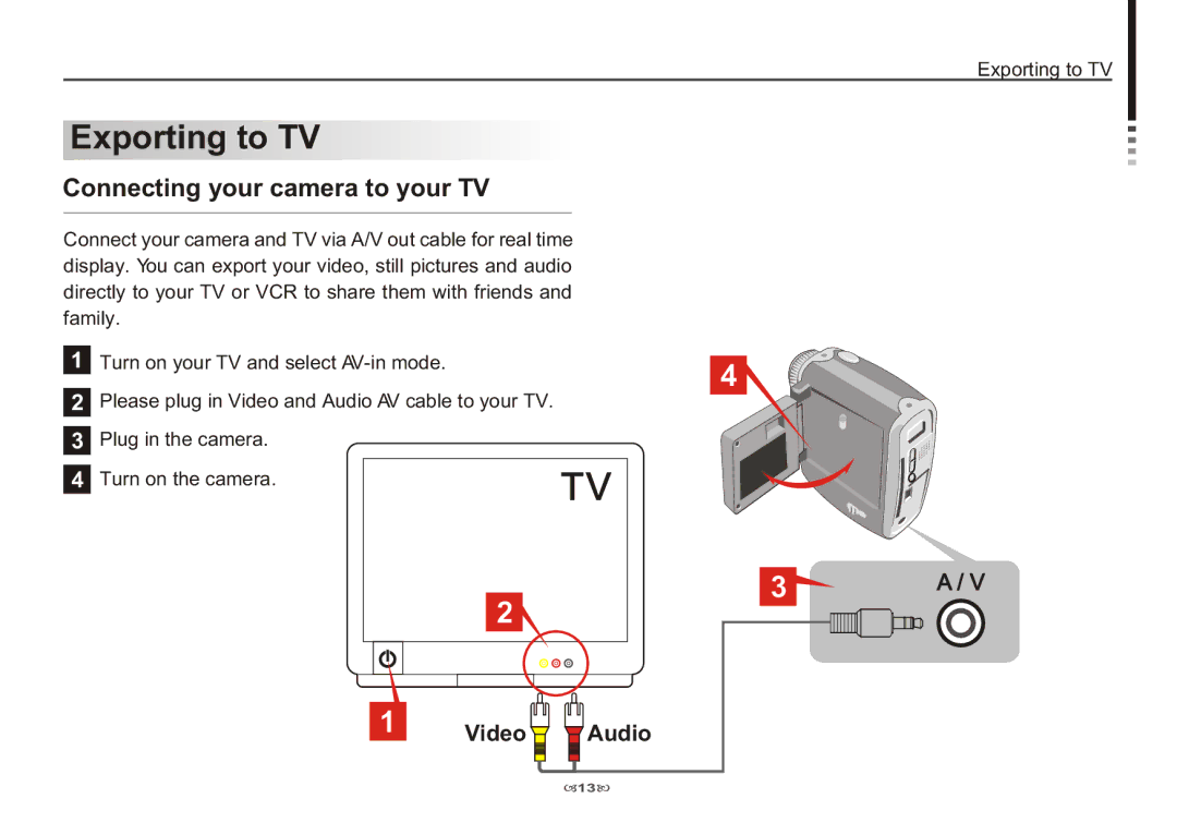 AIPTEK 3100 manual Exporting to TV, Connecting your camera to your TV, Video Audio 