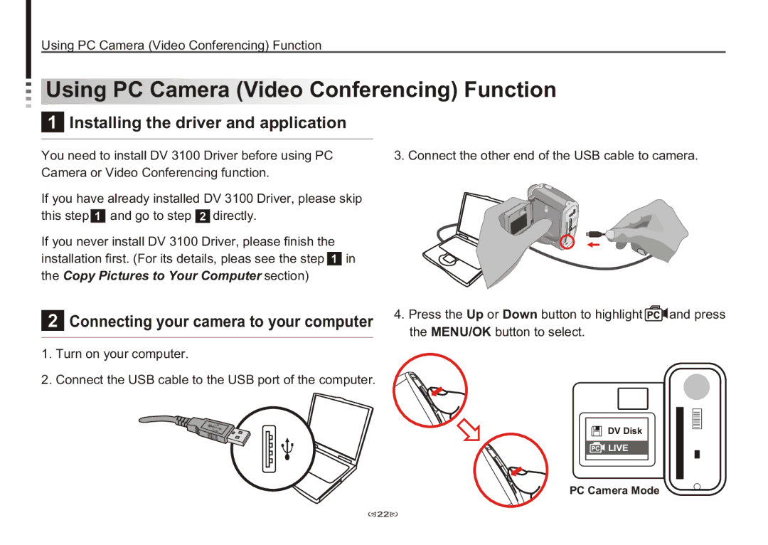 AIPTEK 3100 manual Using PC Camera Video Conferencing Function, Connecting your camera to your computer 