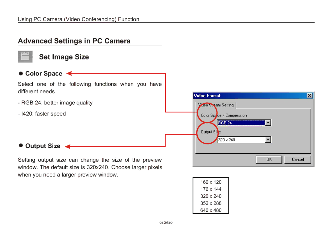 AIPTEK 3100 manual Advanced Settings in PC Camera Set Image Size, Color Space, Output Size 