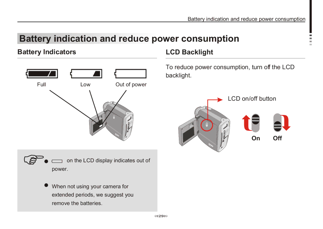 AIPTEK 3100 manual Battery indication and reduce power consumption, Battery Indicators LCD Backlight, On Off 