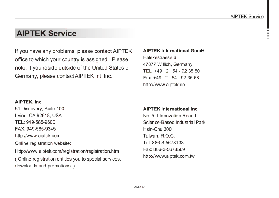 AIPTEK 3100 manual Aiptek Service, AIPTEK, Inc, Aiptek International GmbH, Aiptek International Inc 