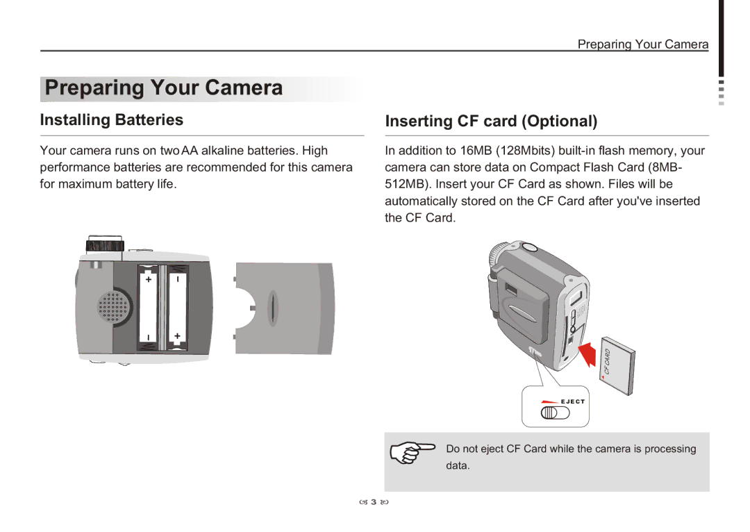 AIPTEK 3100 manual Preparing Your Camera, Installing Batteries Inserting CF card Optional 