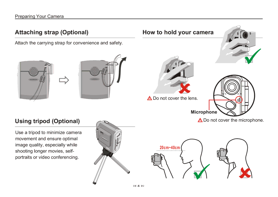 AIPTEK 3100 manual Attaching strap Optional, Using tripod Optional, How to hold your camera, Microphone 