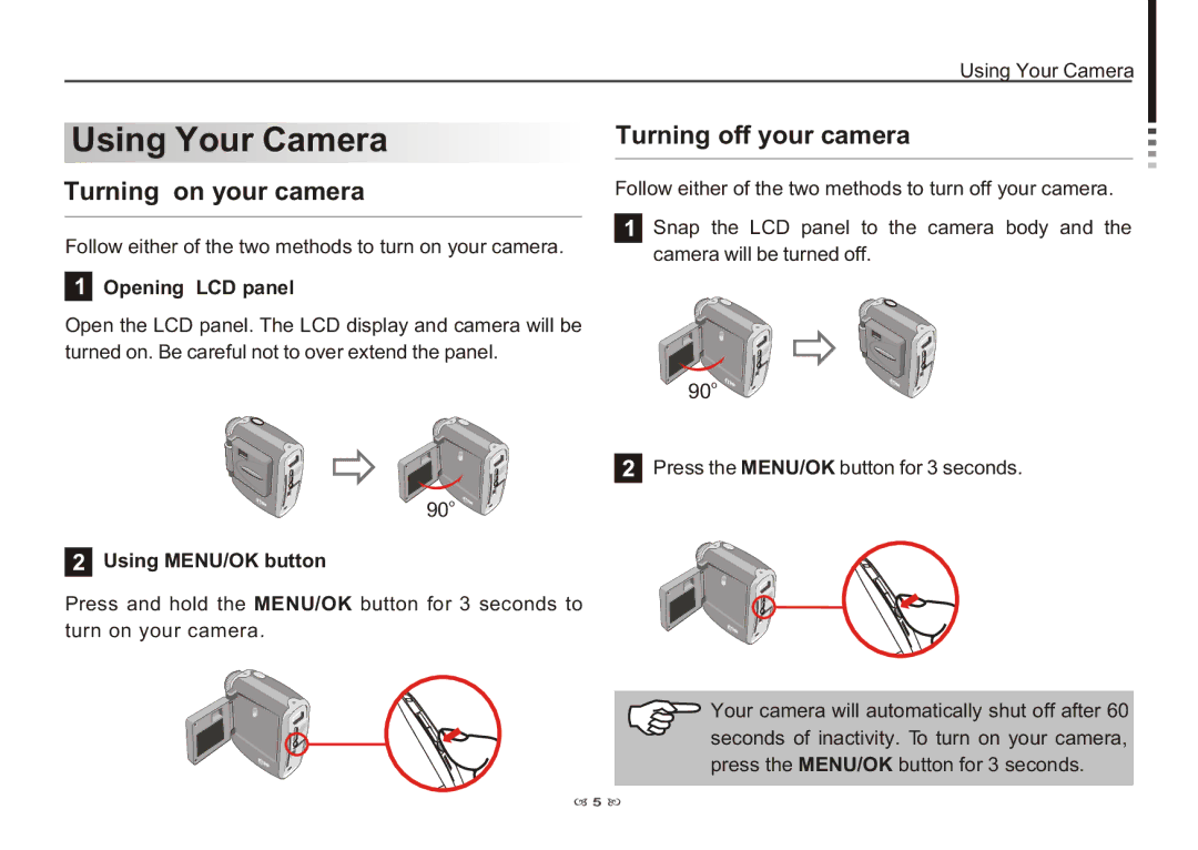 AIPTEK 3100 Using Your Camera, Turning on your camera, Turning off your camera, Opening LCD panel, Using MENU/OK button 