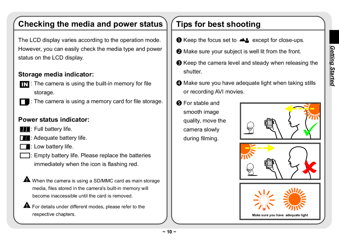 AIPTEK 3300 user manual Checking the media and power status, Tips for best shooting 