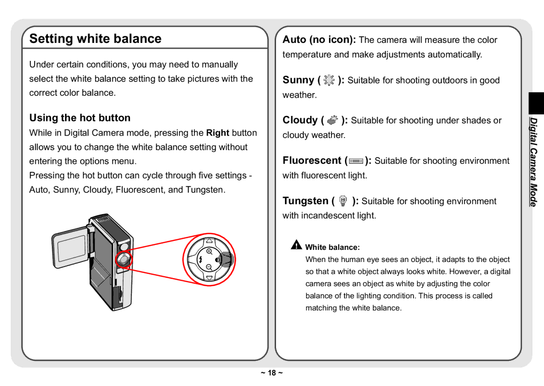 AIPTEK 3300 user manual Setting white balance, ‹ White balance 