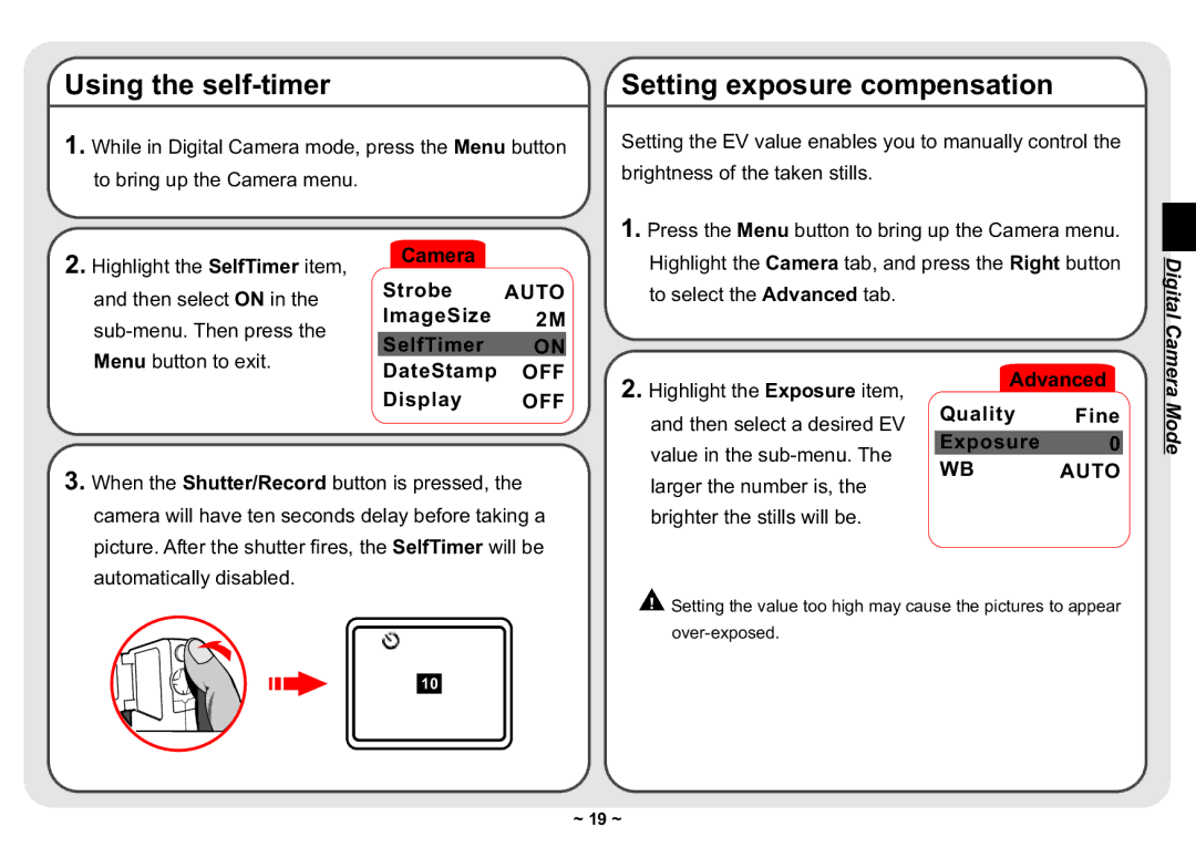 AIPTEK 3300 user manual Using the self-timer, Setting exposure compensation 