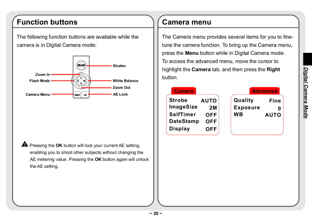 AIPTEK 3300 user manual Function buttons, Camera menu 