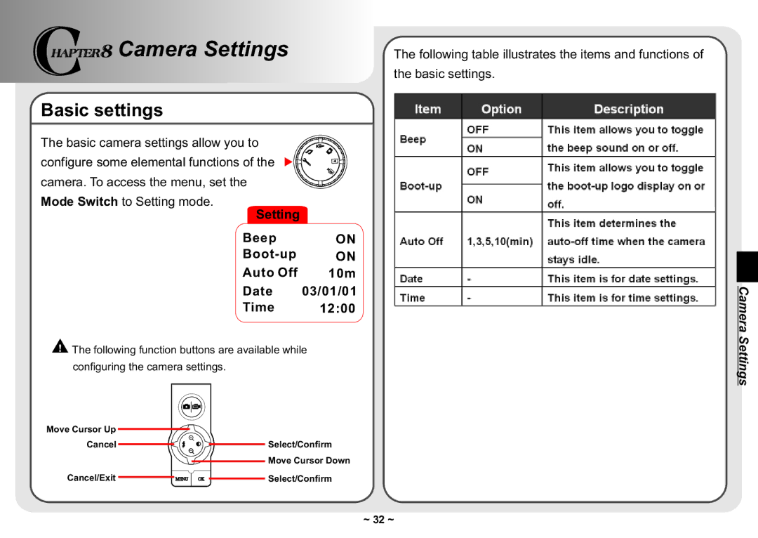 AIPTEK 3300 user manual Camera Settings, Basic settings 