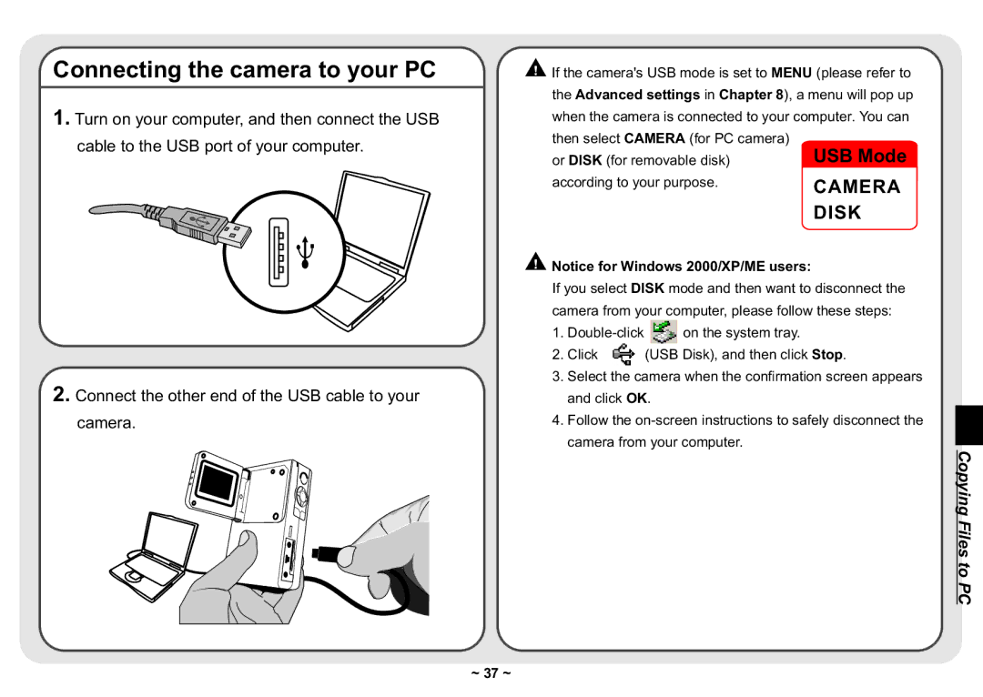 AIPTEK 3300 user manual Connecting the camera to your PC, Disk 