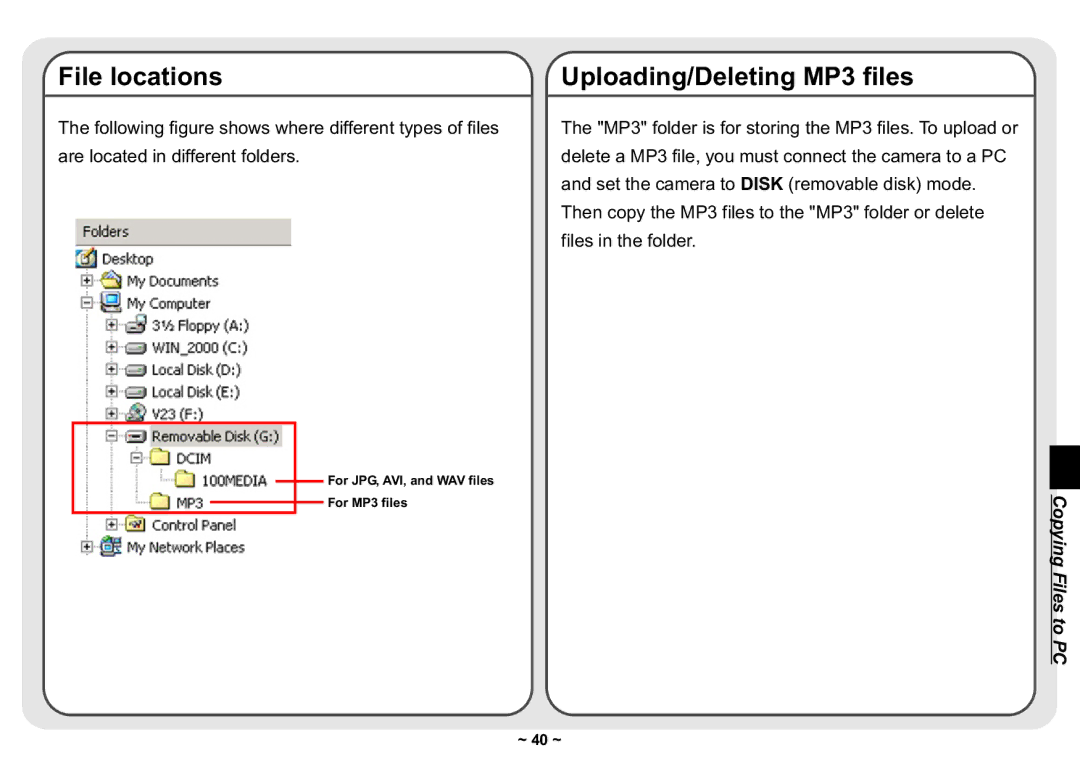 AIPTEK 3300 user manual File locations, Uploading/Deleting MP3 files 