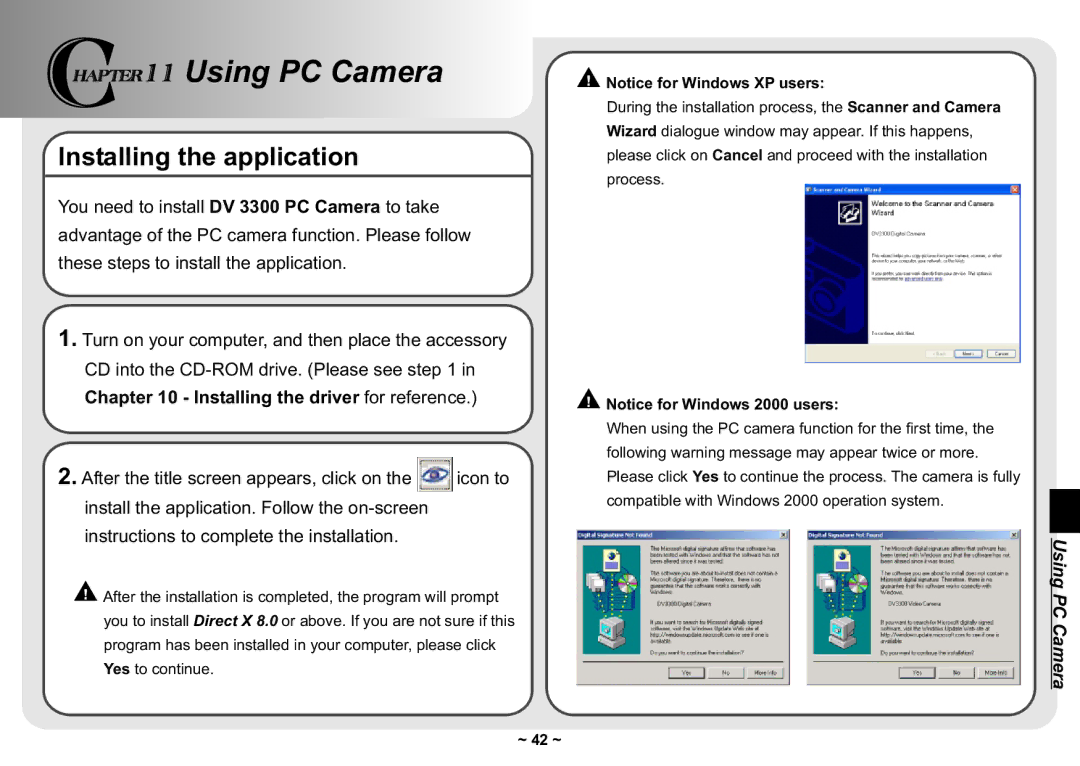 AIPTEK 3300 user manual Using PC Camera, Installing the application 