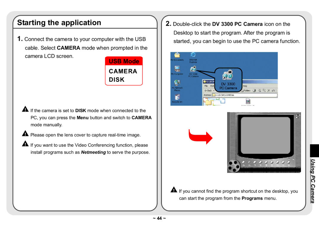 AIPTEK 3300 user manual Starting the application, Camera Disk 