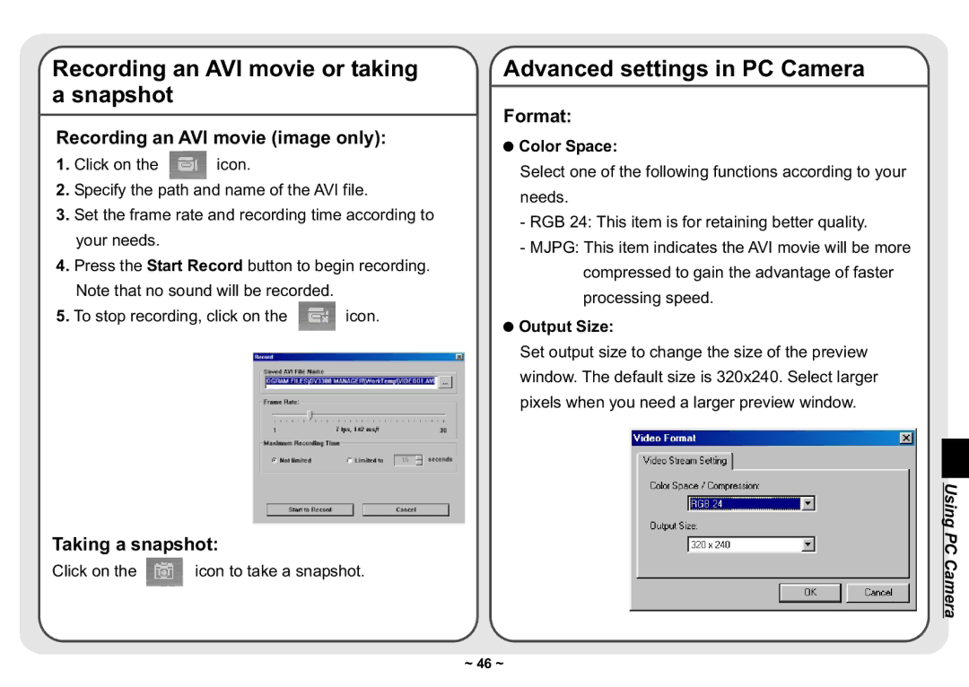 AIPTEK 3300 user manual Recording an AVI movie or taking a snapshot, Advanced settings in PC Camera 