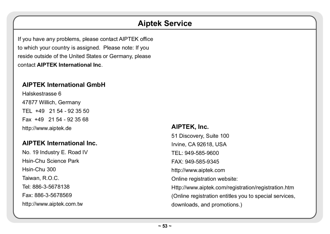 AIPTEK 3300 user manual Aiptek Service 